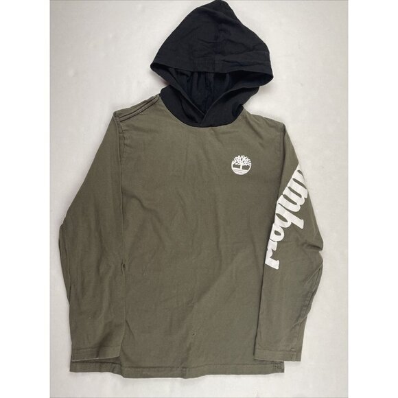 TIMBERLAND Hooded T-Shirt Youth Boys L(14/16) Long Sleeve Spellout Green Black - Picture 2 of 8